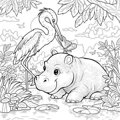 Harmonious Scene of Hippo and Heron