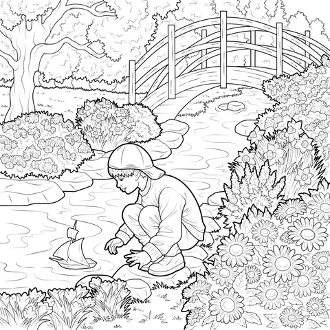 Teenager Playing with a Paper Boat by the Stream
