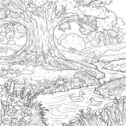 Beautiful Scenery of a Big Tree by the Stream