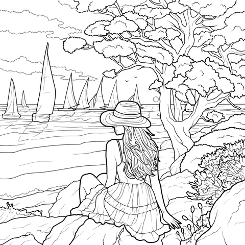 Woman Admiring Sailboats by the Sea