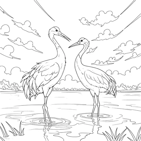 Two Cranes by the Lake