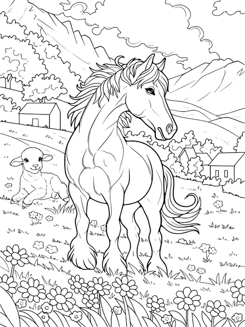 Horse and Lamb in the Countryside