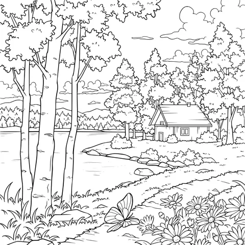 Cottage by the Lakeside in the Woods