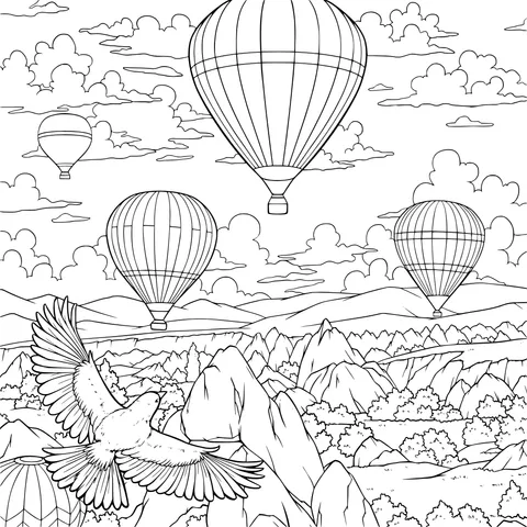 Hot Air Balloons and Flying Bird Landscape