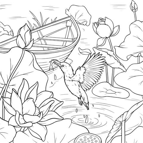 Kingfisher, Lotus and Boat in the Pond