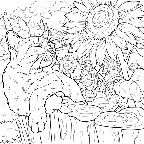 Contented Cat and Sunflowers