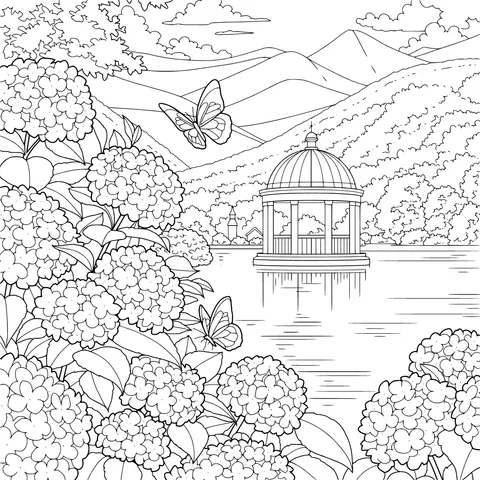 Hydrangeas and Butterflies by the Lakeside