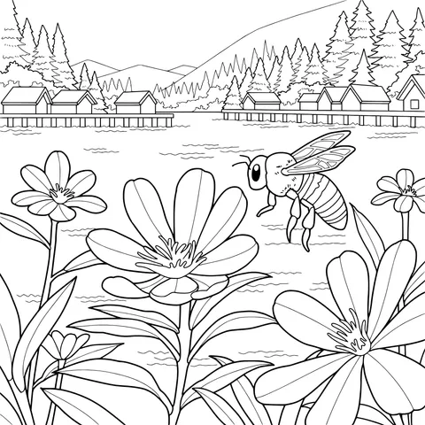 Beautiful Scenery of Bee and Flowers by the Lake