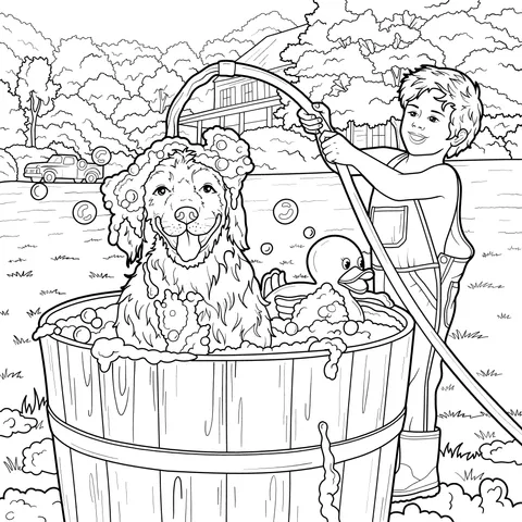 Boy Bathing a Dog Scene