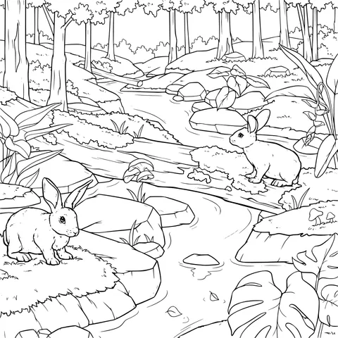Rabbits by the Forest Stream
