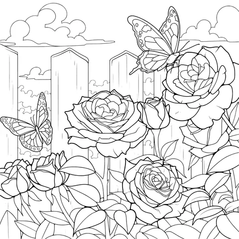 Roses and Butterflies by the Fence