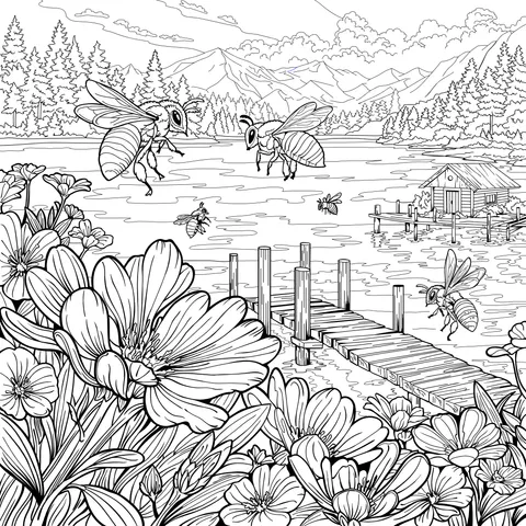 Bees and Flowers by the Lake