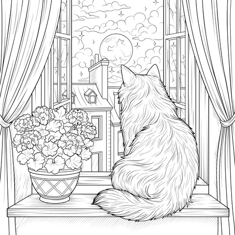 Cat Looking at the Moon by the Window