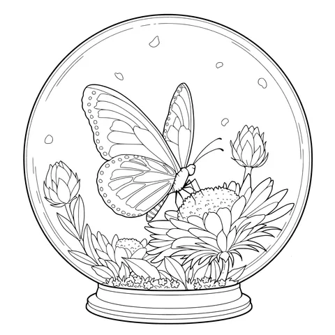 Butterfly and Blooming Flowers in a Glass Globe