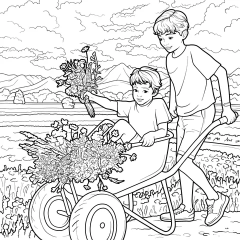 Brothers in the Countryside with a Wheelbarrow