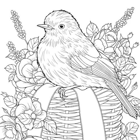 Colorful Bird and Flowers in a Basket