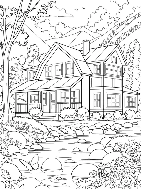 Cottage by the Stream in the Mountains