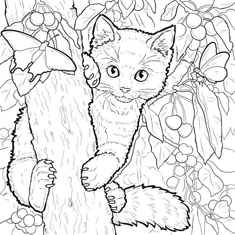 Cat and Butterflies on a Tree
