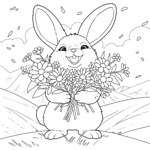 Happy Rabbit Holding Flowers