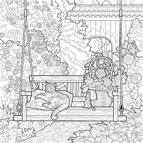 Cat on a Swing in the Garden