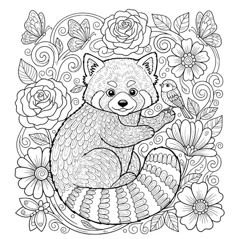 Red Panda with Flowers and Birds