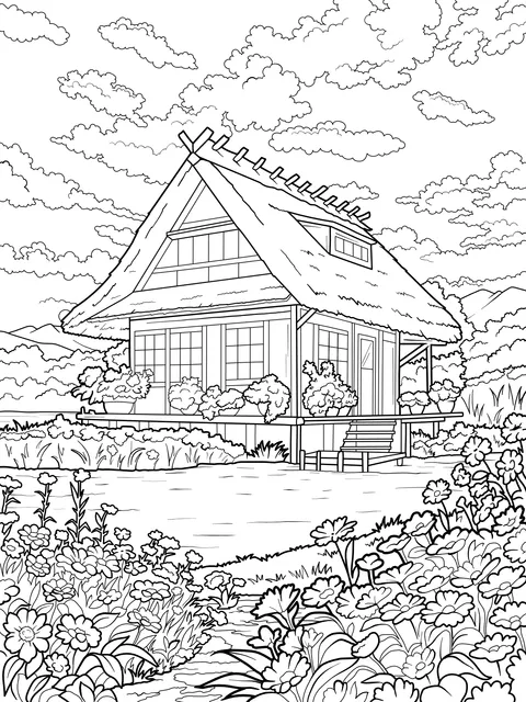 Beautiful Scene of a Flower - filled House by the Lake