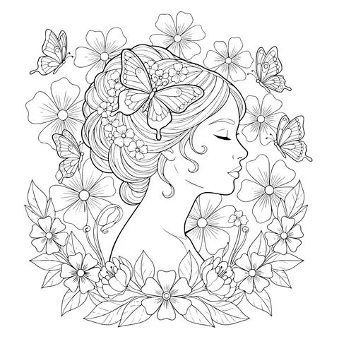 Woman Surrounded by Flowers and Butterflies