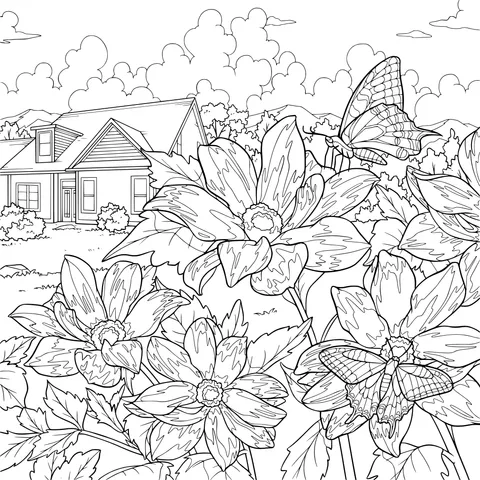 Home amidst Flower - filled Garden and Butterflies