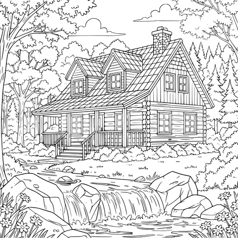 Wooden House by the Stream in Autumn