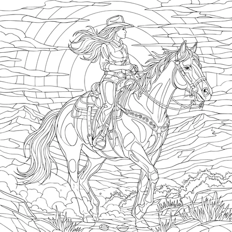 Woman Riding a Horse under the Sunset