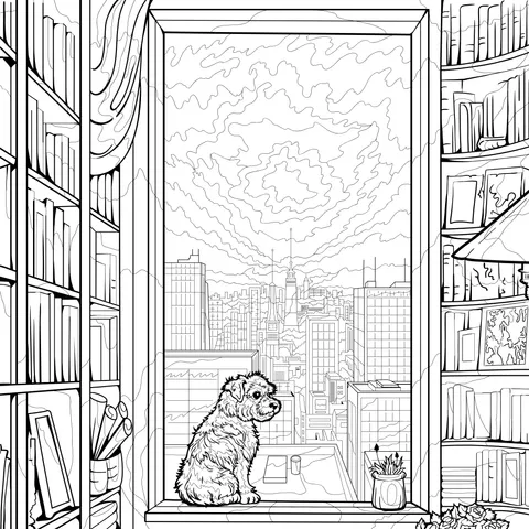 Dog by the Window and Cityscape