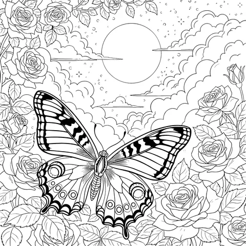 Butterfly, Roses and Moonlit Night