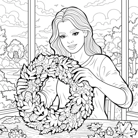 Woman Making an Autumn - Leaf Wreath