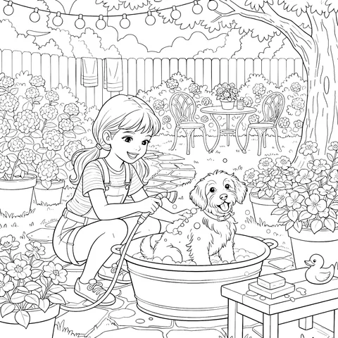 Girl Bathing a Dog
