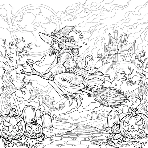 Witch Flying on a Moon - lit Night