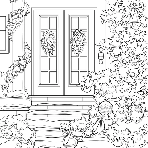 Christmas Scene in Front of a Winter Door