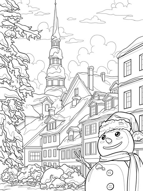 Snowman and Colorful Town in Winter