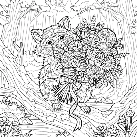 Raccoon Holding Flowers in a Forest Scene