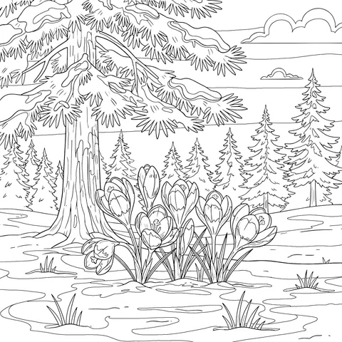 Crocuses in the Snowy Forest