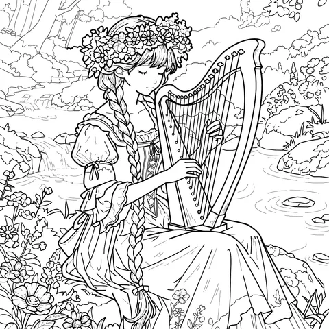 Girl Playing the Harp by the Stream