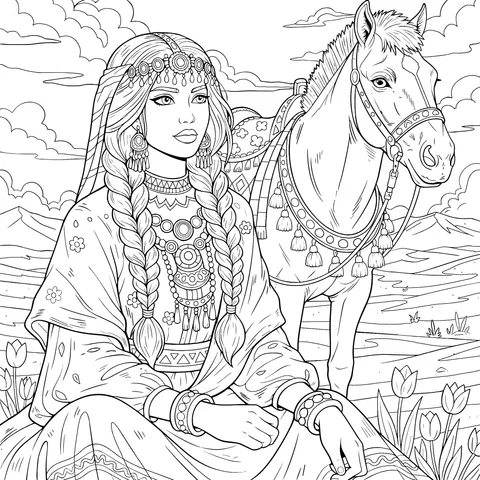 Woman in ethnic - style clothing and a horse