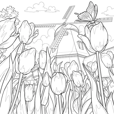 Beautiful Scene of Tulips and Windmill