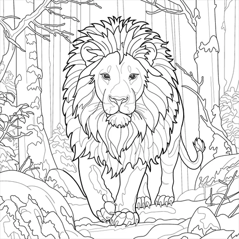 Lion in the Snow - covered Forest