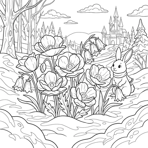 Snowy Landscape with Flowers, Rabbit and Castle