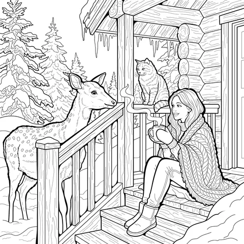 A Cozy Scene in Front of a Winter Cabin