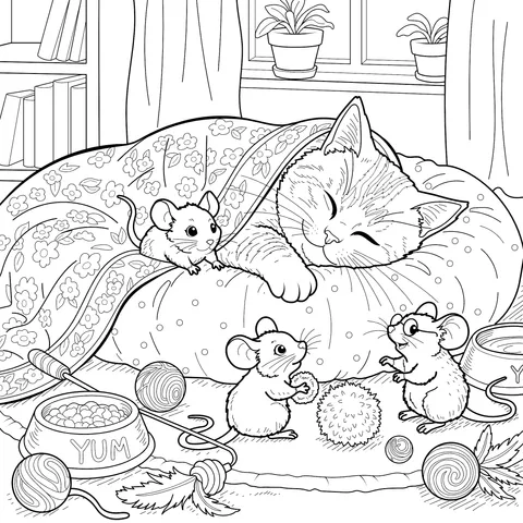 A Cozy Scene of a Cat and Mice
