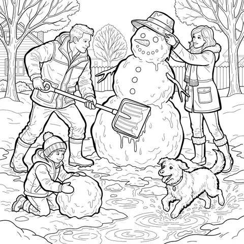 Family Snow - man Building Scene in Winter