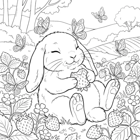 Happy Rabbit Eating Strawberries