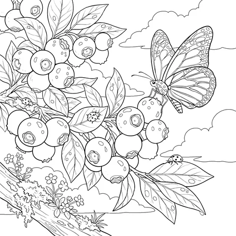 Butterfly and Ladybugs on a Blueberry Branch