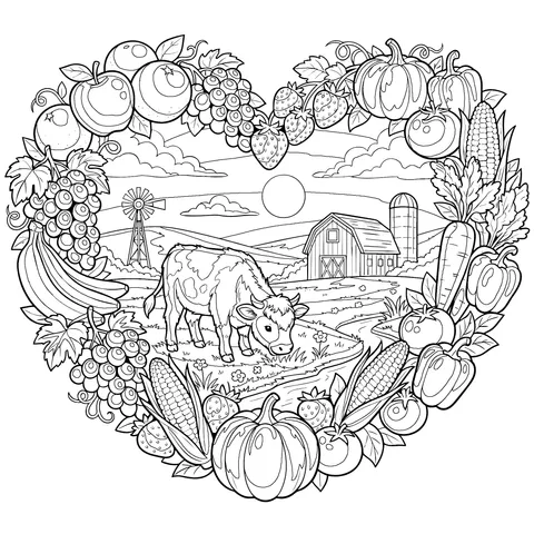 Idyllic Pastoral Scene within a Heart - shaped Frame of Fruits and Vegetables